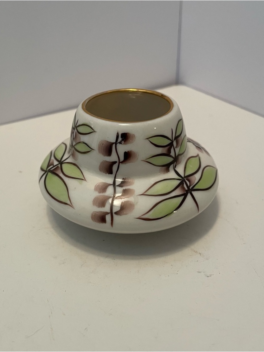 Vintage Hand Painted Porcelain Mini Vase Leaf Motif 2.5”